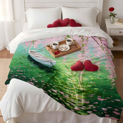 Fleece Throw Blanket, Watercolor Pink Flower Leaves Small Boat Lightweight Warm Coverlet Cozy Soft Flannel Blankets for Couch Bed Sofa Camping for All Seasons Green Lake Water