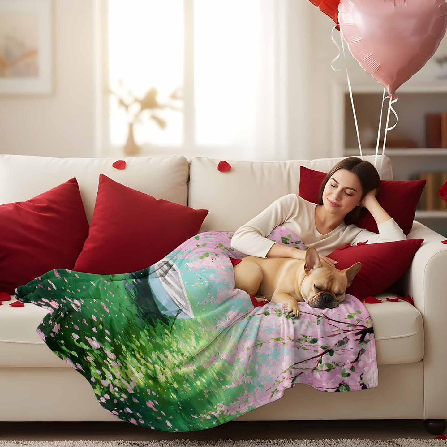 Fleece Throw Blanket, Watercolor Pink Flower Leaves Small Boat Lightweight Warm Coverlet Cozy Soft Flannel Blankets for Couch Bed Sofa Camping for All Seasons Green Lake Water