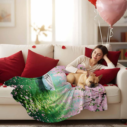 Fleece Throw Blanket, Watercolor Pink Flower Leaves Small Boat Lightweight Warm Coverlet Cozy Soft Flannel Blankets for Couch Bed Sofa Camping for All Seasons Green Lake Water