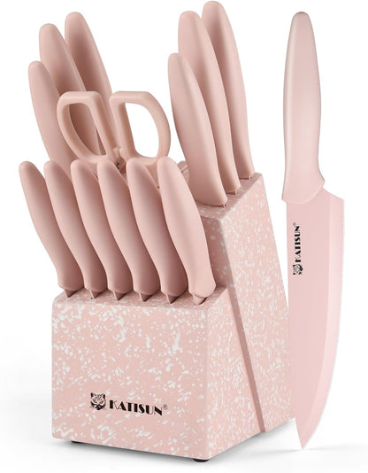 15-Piece Pink Nonstick German Steel Knife Set with Block