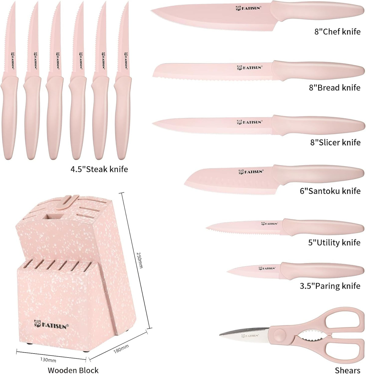 15-Piece Pink Nonstick German Steel Knife Set with Block