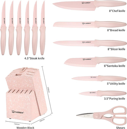 15-Piece Pink Nonstick German Steel Knife Set with Block