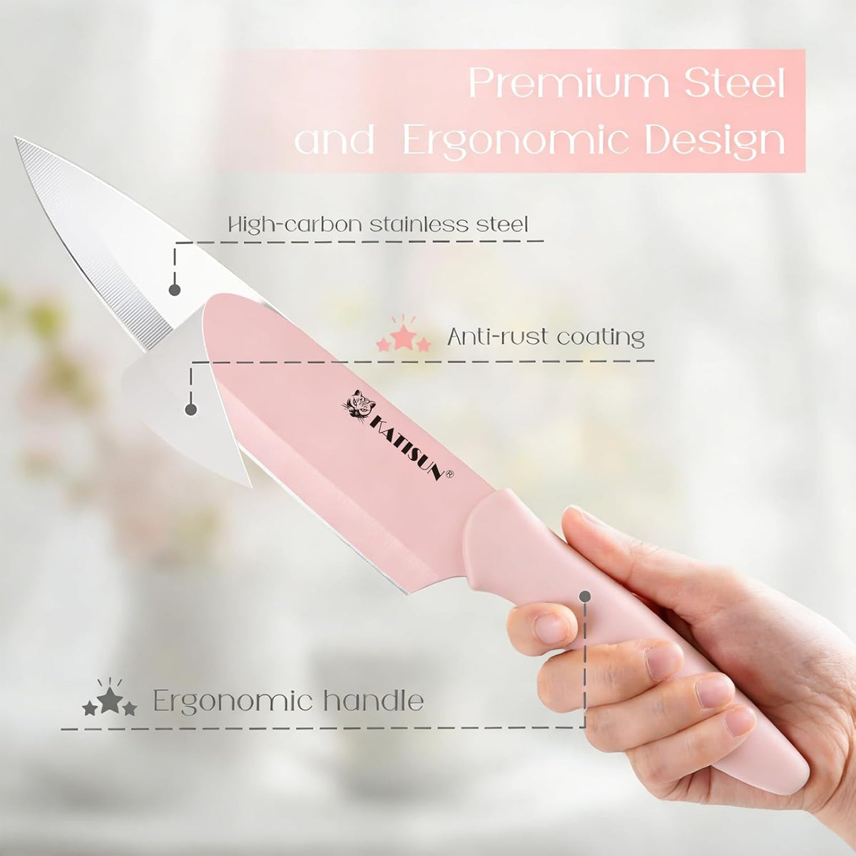 15-Piece Pink Nonstick German Steel Knife Set with Block