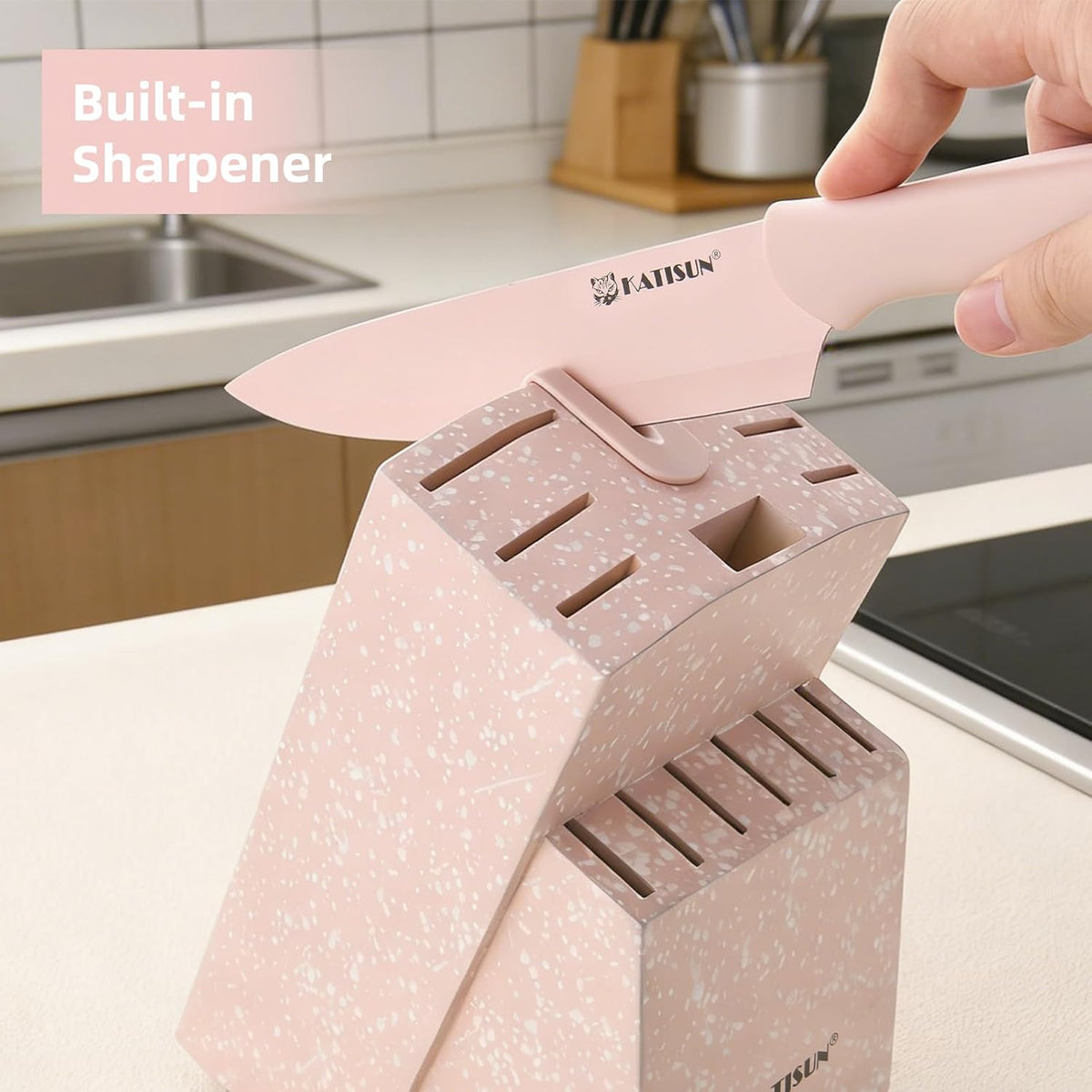 15-Piece Pink Nonstick German Steel Knife Set with Block