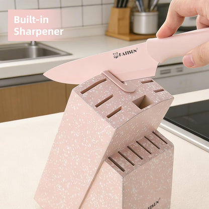 15-Piece Pink Nonstick German Steel Knife Set with Block