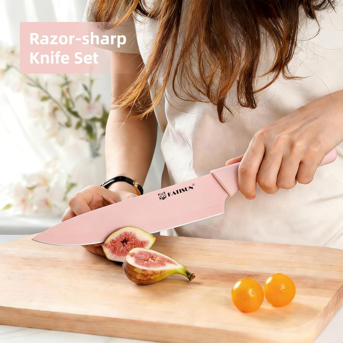 15-Piece Pink Nonstick German Steel Knife Set with Block