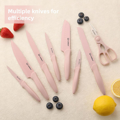15-Piece Pink Nonstick German Steel Knife Set with Block
