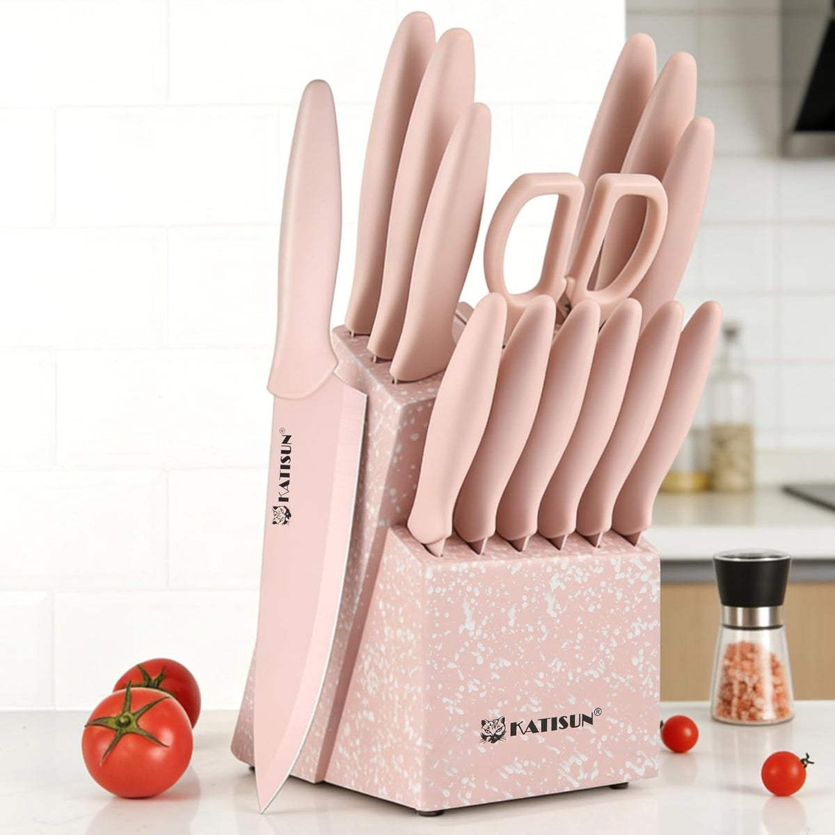 15-Piece Pink Nonstick German Steel Knife Set with Block