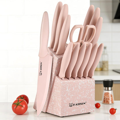 15-Piece Pink Nonstick German Steel Knife Set with Block