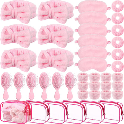 Daifunli 36 Pieces Spa Sleepover Party Favors for Woman 6 Pcs Spa Headband 6 Eye Mask 6 Velvet Scrunchies 6 Pcs Wristband 6 Hair Brush 6 Cosmetic Bags for Adult Slumber Party Gift(Pink)