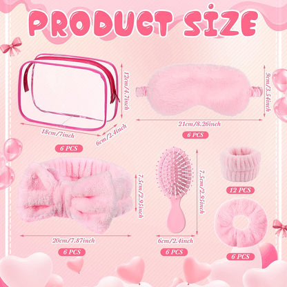 Daifunli 36 Pieces Spa Sleepover Party Favors for Woman 6 Pcs Spa Headband 6 Eye Mask 6 Velvet Scrunchies 6 Pcs Wristband 6 Hair Brush 6 Cosmetic Bags for Adult Slumber Party Gift(Pink)
