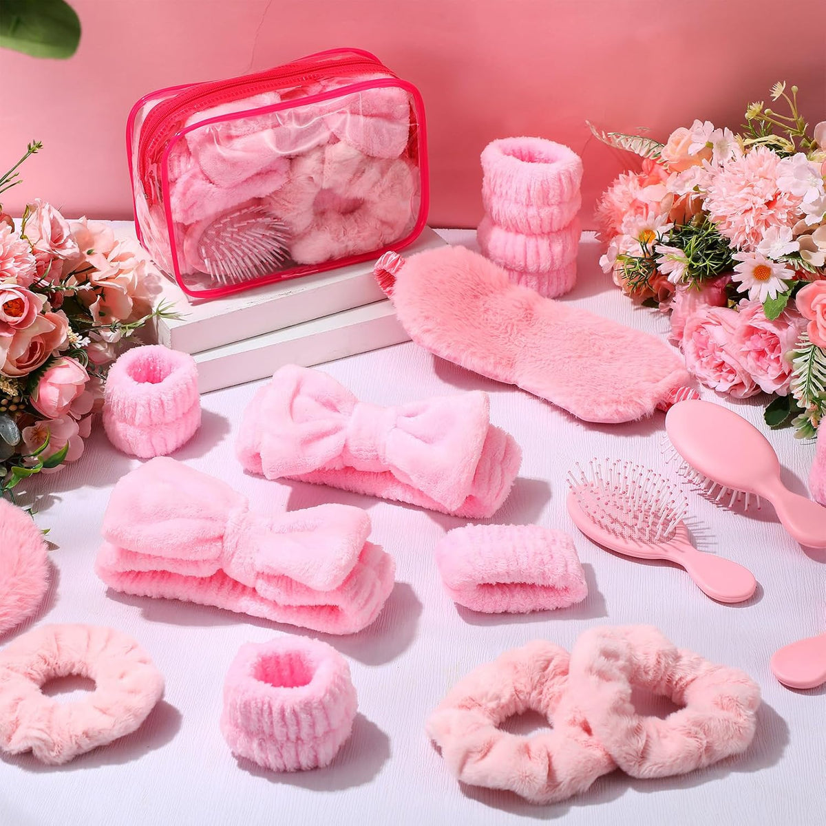 Daifunli 36 Pieces Spa Sleepover Party Favors for Woman 6 Pcs Spa Headband 6 Eye Mask 6 Velvet Scrunchies 6 Pcs Wristband 6 Hair Brush 6 Cosmetic Bags for Adult Slumber Party Gift(Pink)