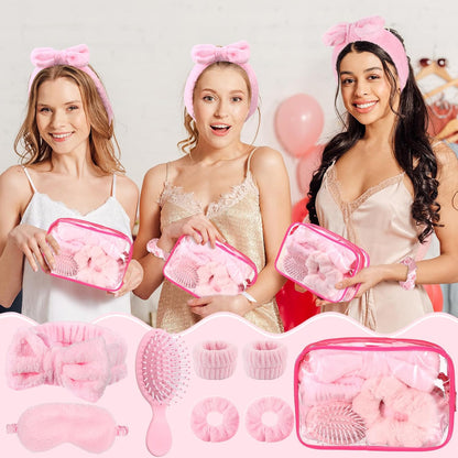 Daifunli 36 Pieces Spa Sleepover Party Favors for Woman 6 Pcs Spa Headband 6 Eye Mask 6 Velvet Scrunchies 6 Pcs Wristband 6 Hair Brush 6 Cosmetic Bags for Adult Slumber Party Gift(Pink)