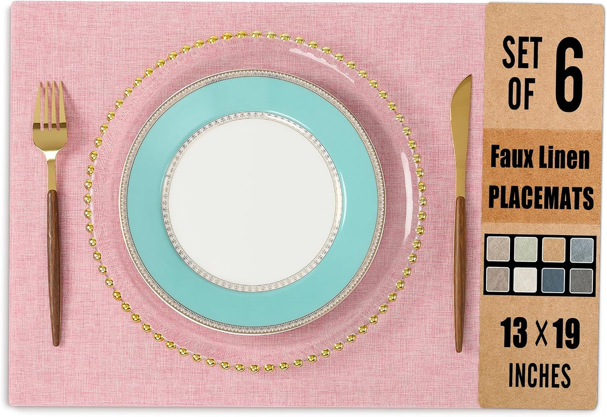 Set of 6 Faux Linen Placemats, Heat-Resistant & Easy-to-Clean,13"x19"for Dining Table, Kitchen, Holiday Meals (Pink)