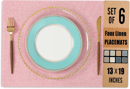 Set of 6 Faux Linen Placemats, Heat-Resistant & Easy-to-Clean,13"x19"for Dining Table, Kitchen, Holiday Meals (Pink)