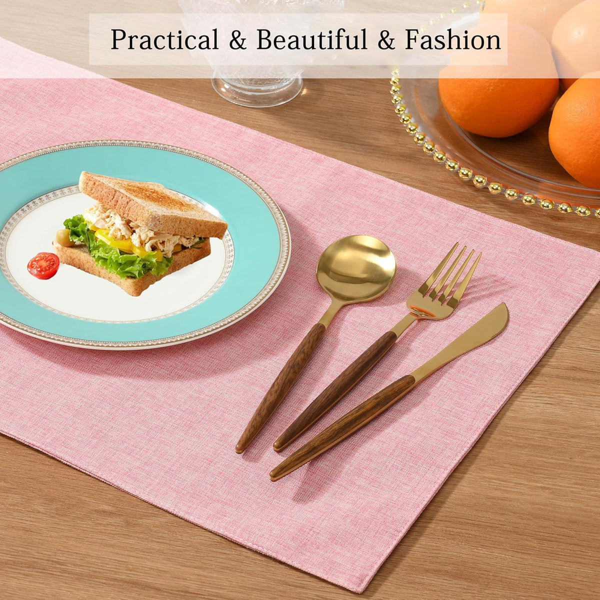 Set of 6 Faux Linen Placemats, Heat-Resistant & Easy-to-Clean,13"x19"for Dining Table, Kitchen, Holiday Meals (Pink)