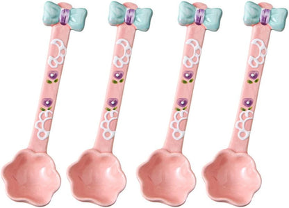 (4 Pieces) Ceramic Spoon Cute Dessert Girly Rice Stirring Household Coffee Ice Cream (Pink)