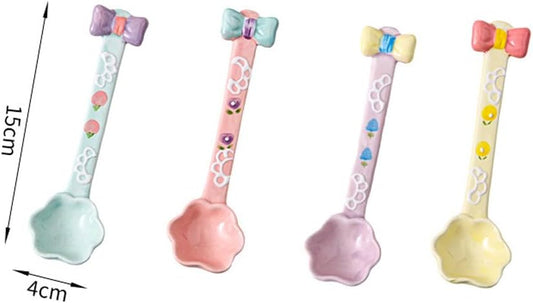 (4 Pieces) Ceramic Spoon Cute Dessert Girly Rice Stirring Household Coffee Ice Cream (Pink)