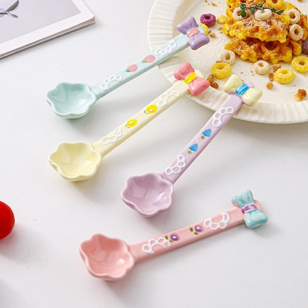 (4 Pieces) Ceramic Spoon Cute Dessert Girly Rice Stirring Household Coffee Ice Cream (Pink)