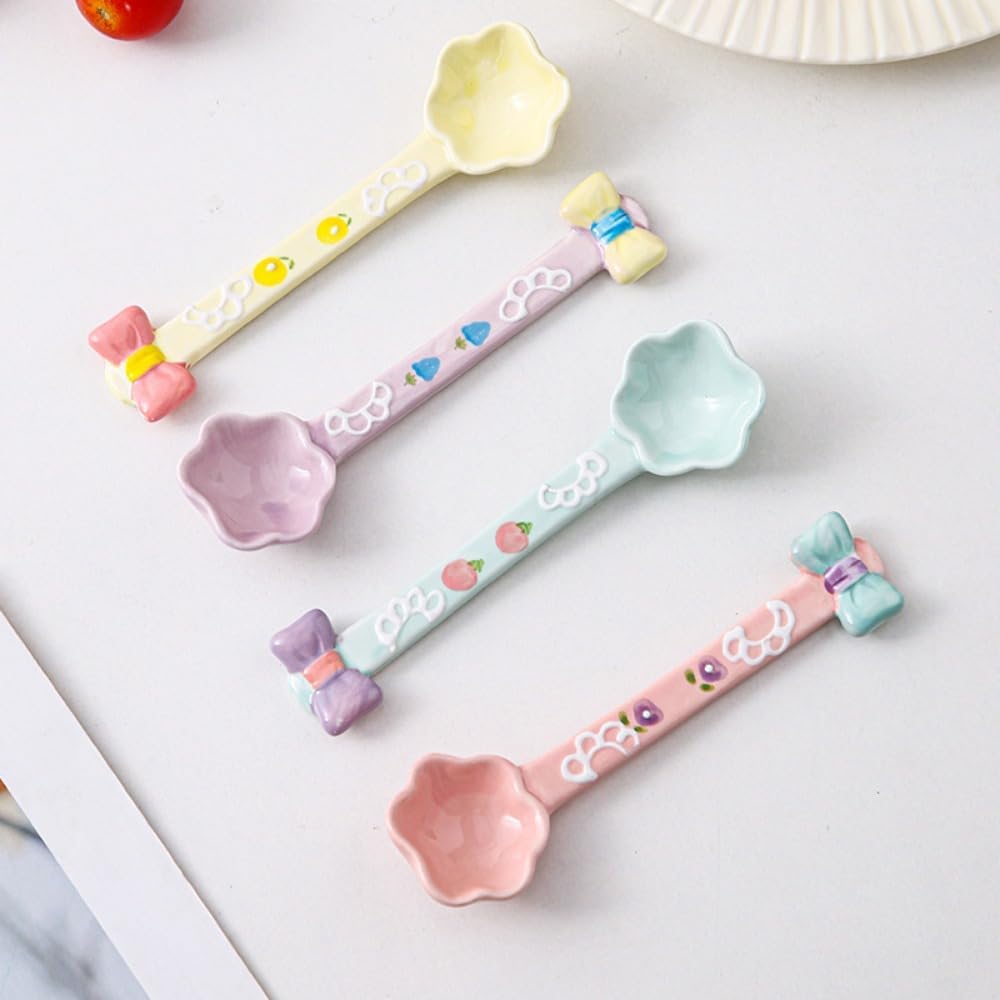 (4 Pieces) Ceramic Spoon Cute Dessert Girly Rice Stirring Household Coffee Ice Cream (Pink)