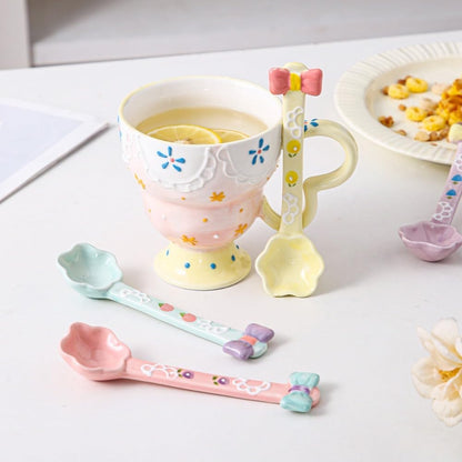 (4 Pieces) Ceramic Spoon Cute Dessert Girly Rice Stirring Household Coffee Ice Cream (Pink)
