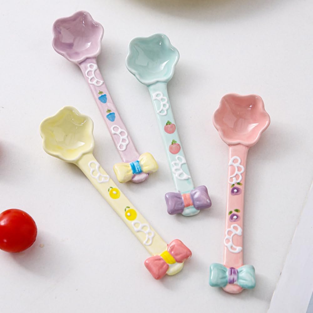 (4 Pieces) Ceramic Spoon Cute Dessert Girly Rice Stirring Household Coffee Ice Cream (Pink)