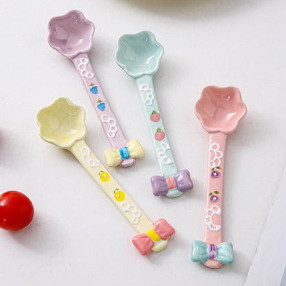 (4 Pieces) Ceramic Spoon Cute Dessert Girly Rice Stirring Household Coffee Ice Cream (Pink)