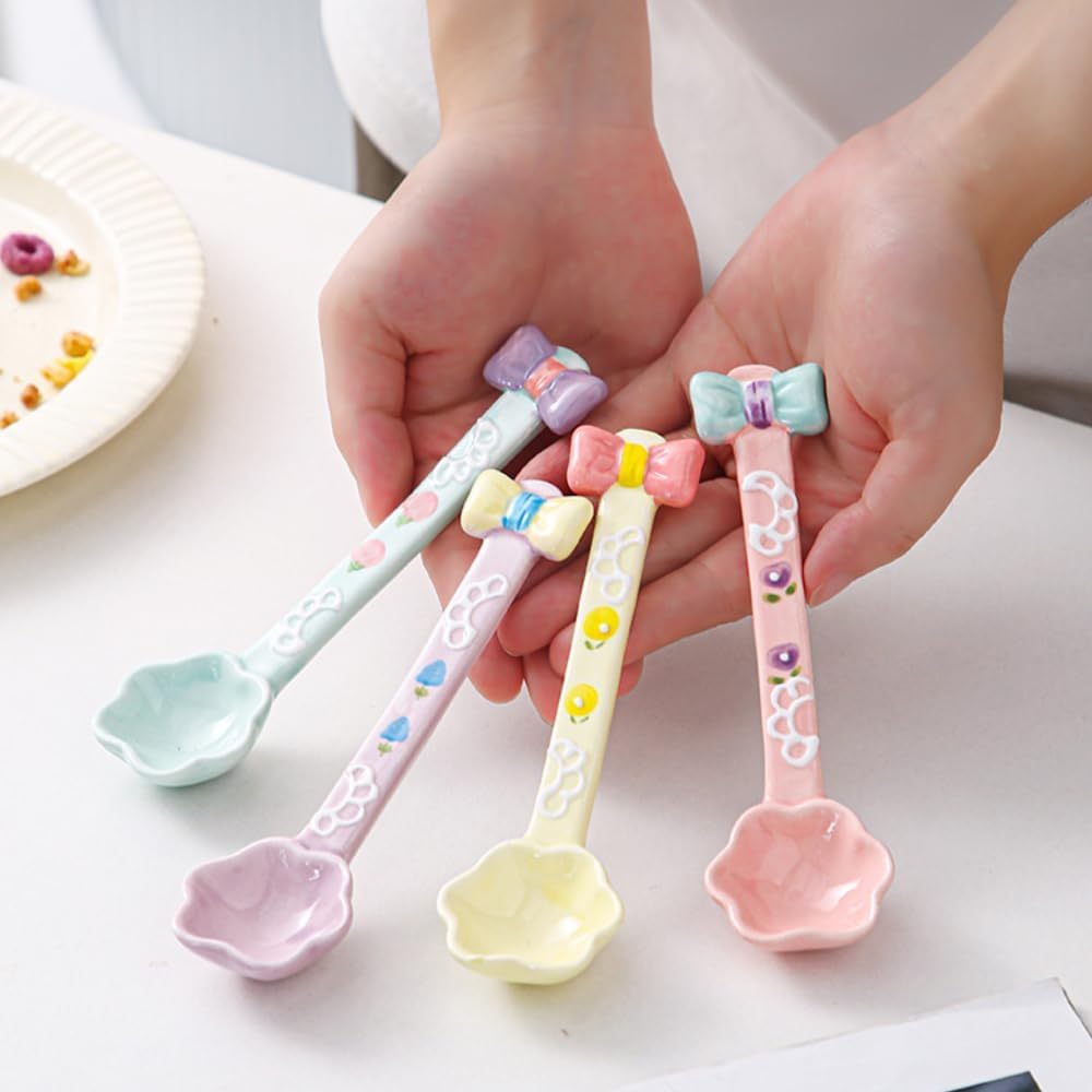 (4 Pieces) Ceramic Spoon Cute Dessert Girly Rice Stirring Household Coffee Ice Cream (Pink)