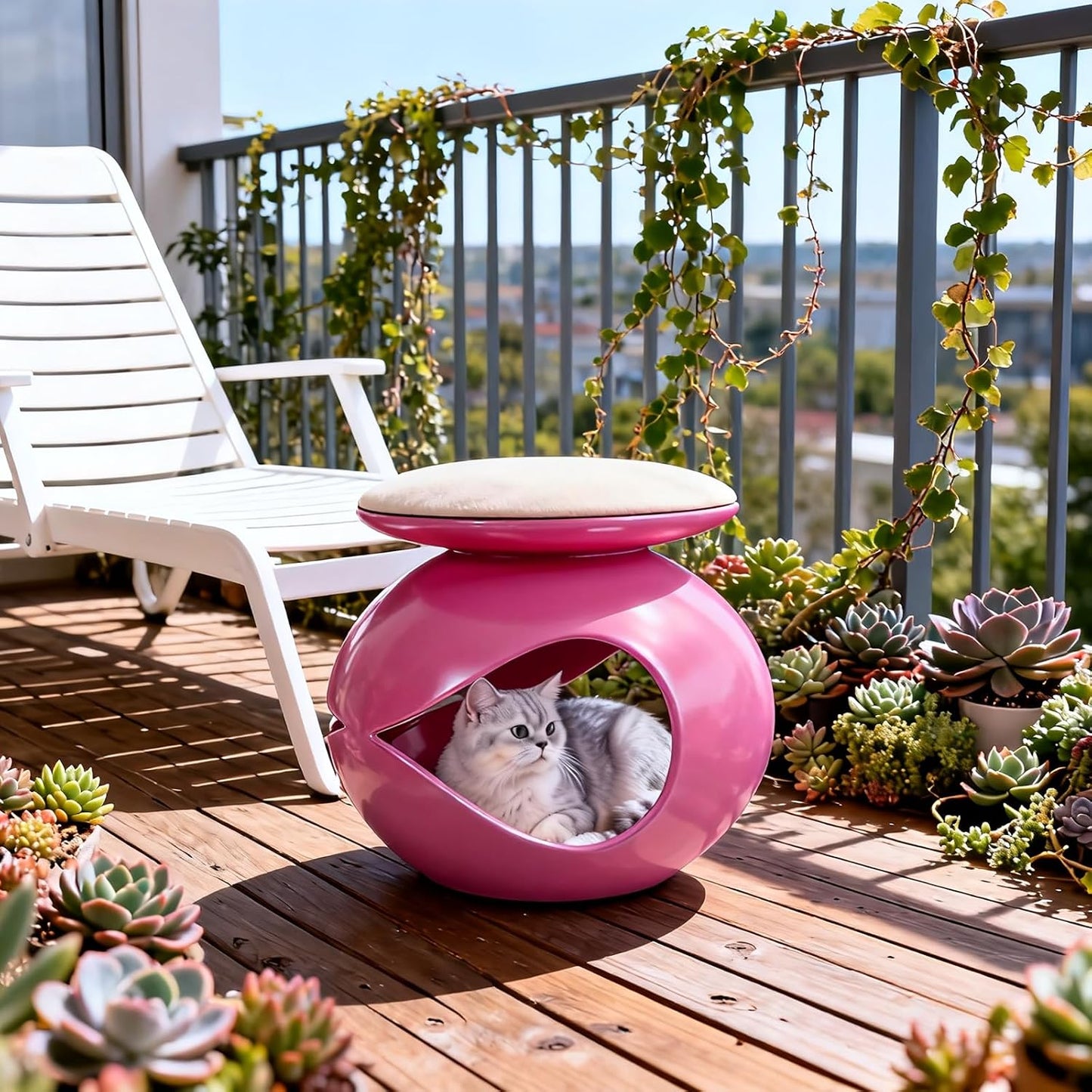 Fish-Shaped 2-in-1 Resin Cat Cave Nest, Pet Furniture Hideaway(Rose Red)