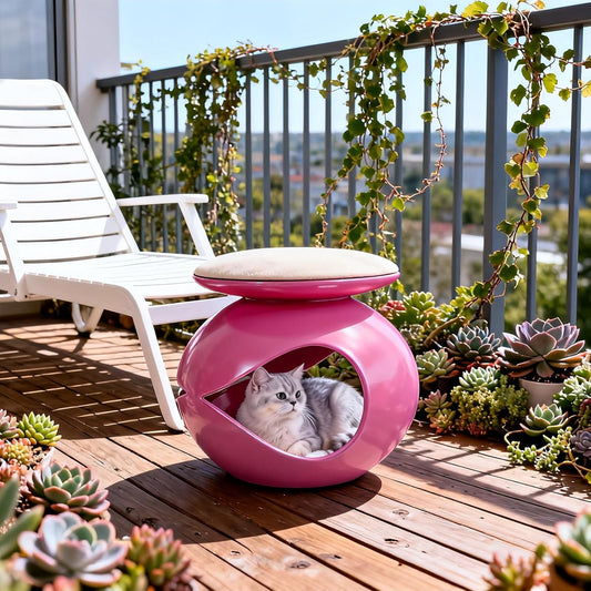 Fish-Shaped 2-in-1 Resin Cat Cave Nest, Pet Furniture Hideaway(Rose Red)