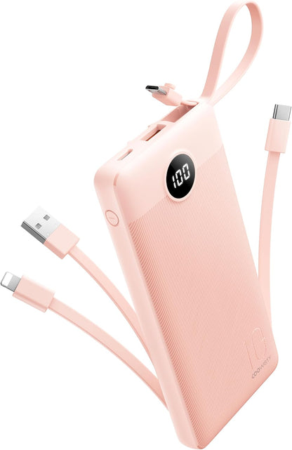 Portable Phone Charger, Slim 10000mAh Travel Essentials Power Bank with Cords Wires, Battery Pack 5 Outputs 2 Inputs LED Display Compatible with iPhone/Android & More (Pink)