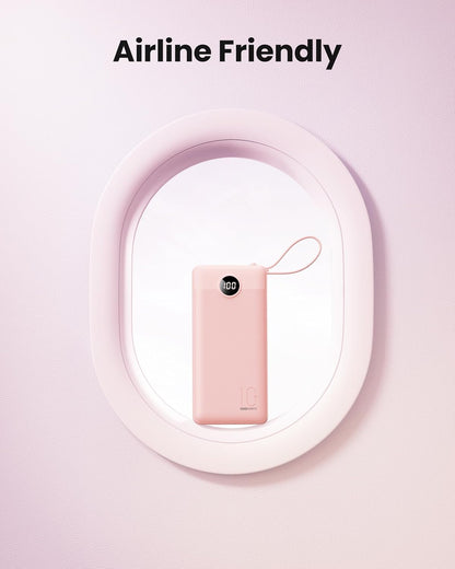Portable Phone Charger, Slim 10000mAh Travel Essentials Power Bank with Cords Wires, Battery Pack 5 Outputs 2 Inputs LED Display Compatible with iPhone/Android & More (Pink)