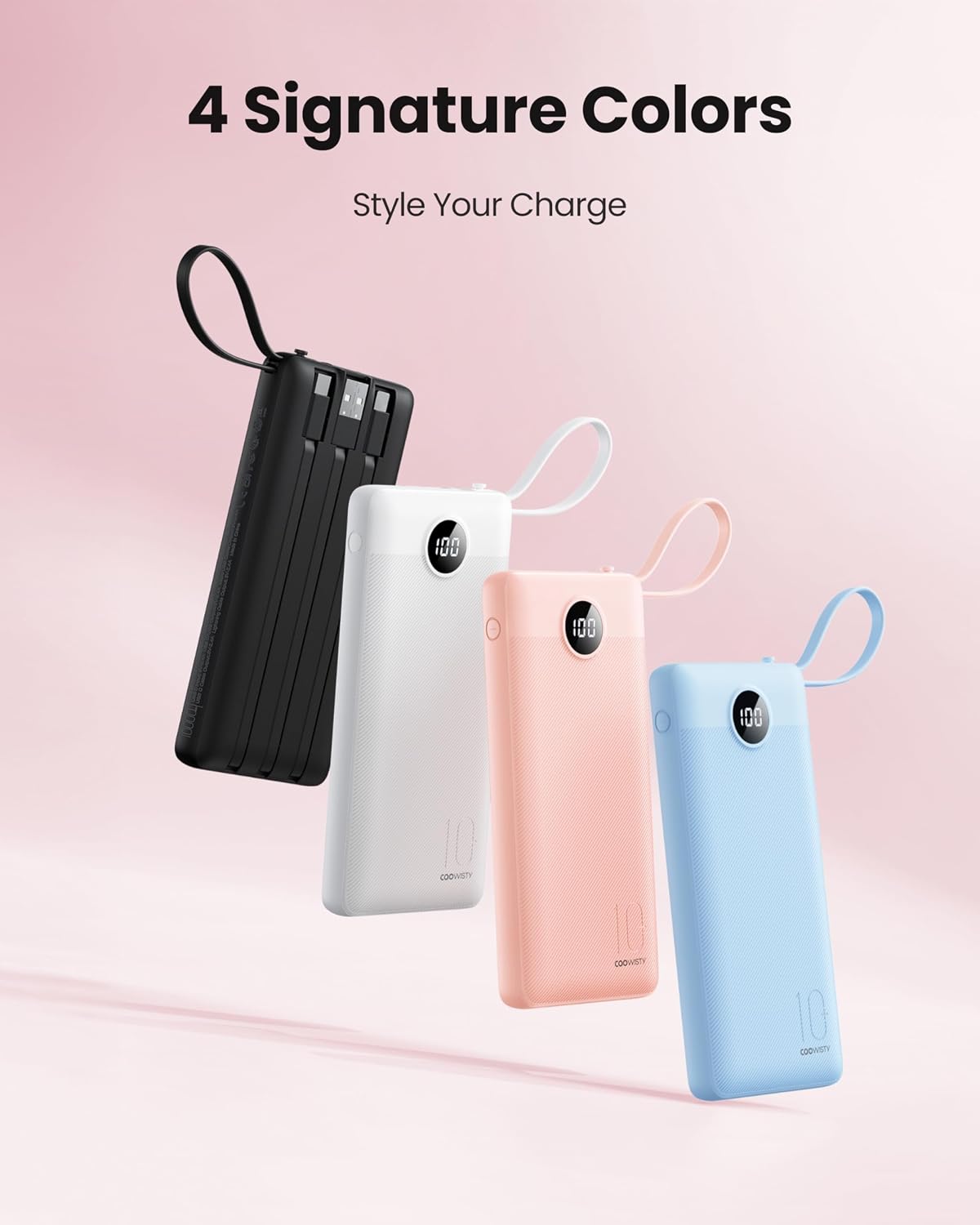 Portable Phone Charger, Slim 10000mAh Travel Essentials Power Bank with Cords Wires, Battery Pack 5 Outputs 2 Inputs LED Display Compatible with iPhone/Android & More (Pink)