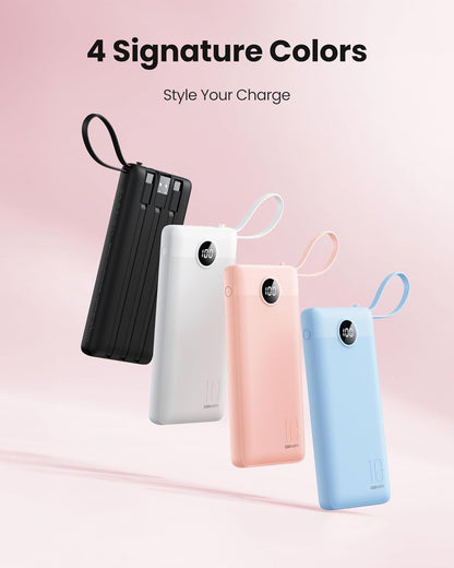 Portable Phone Charger, Slim 10000mAh Travel Essentials Power Bank with Cords Wires, Battery Pack 5 Outputs 2 Inputs LED Display Compatible with iPhone/Android & More (Pink)