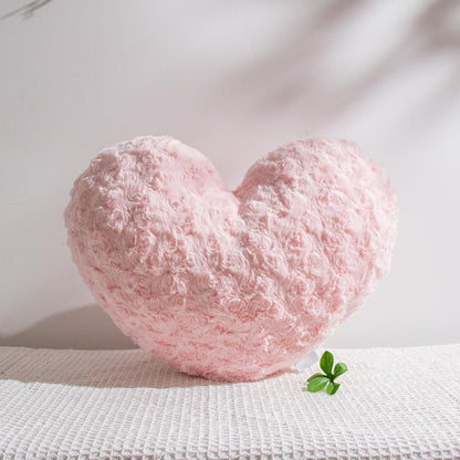 16" Blush Pink Heart Pillow, Luxury 600GSM Rose Textured Faux Rabbit Fur, Super Matte Aesthetic Decorative Throw Pillow for Couch Bed Sofa, Romantic Home Decor Heart Cushion