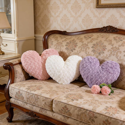 16" Blush Pink Heart Pillow, Luxury 600GSM Rose Textured Faux Rabbit Fur, Super Matte Aesthetic Decorative Throw Pillow for Couch Bed Sofa, Romantic Home Decor Heart Cushion