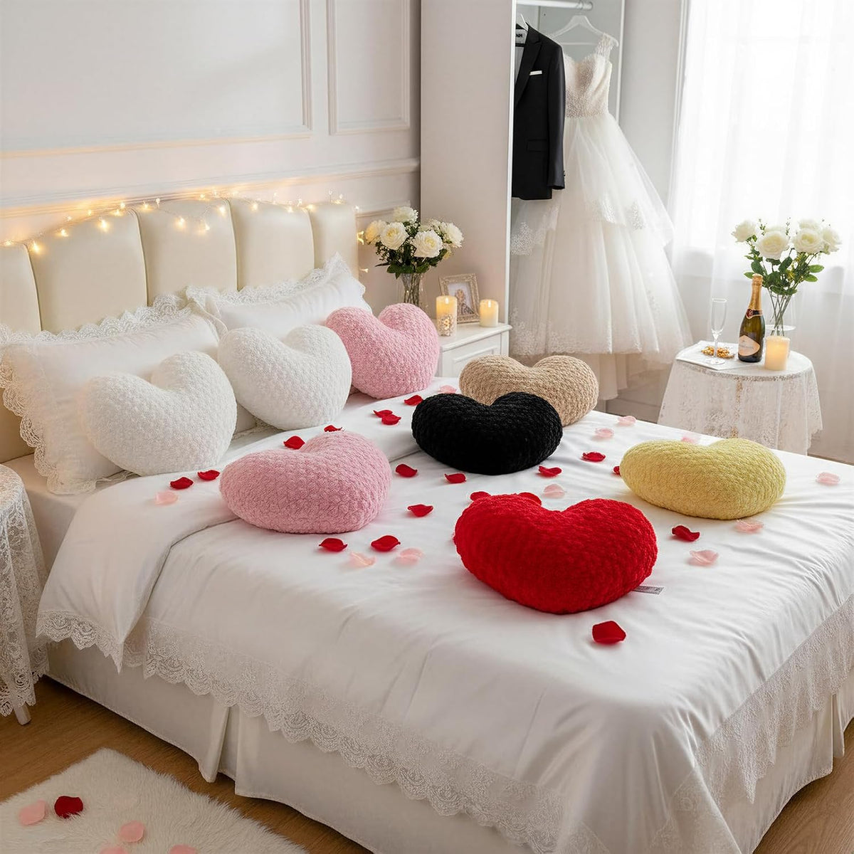 16" Blush Pink Heart Pillow, Luxury 600GSM Rose Textured Faux Rabbit Fur, Super Matte Aesthetic Decorative Throw Pillow for Couch Bed Sofa, Romantic Home Decor Heart Cushion