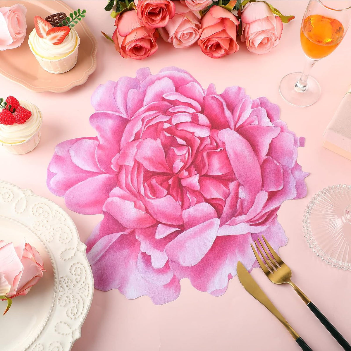 100 Pcs Peony Placemats Pink Floral Disposable Paper Place Mat Bulk