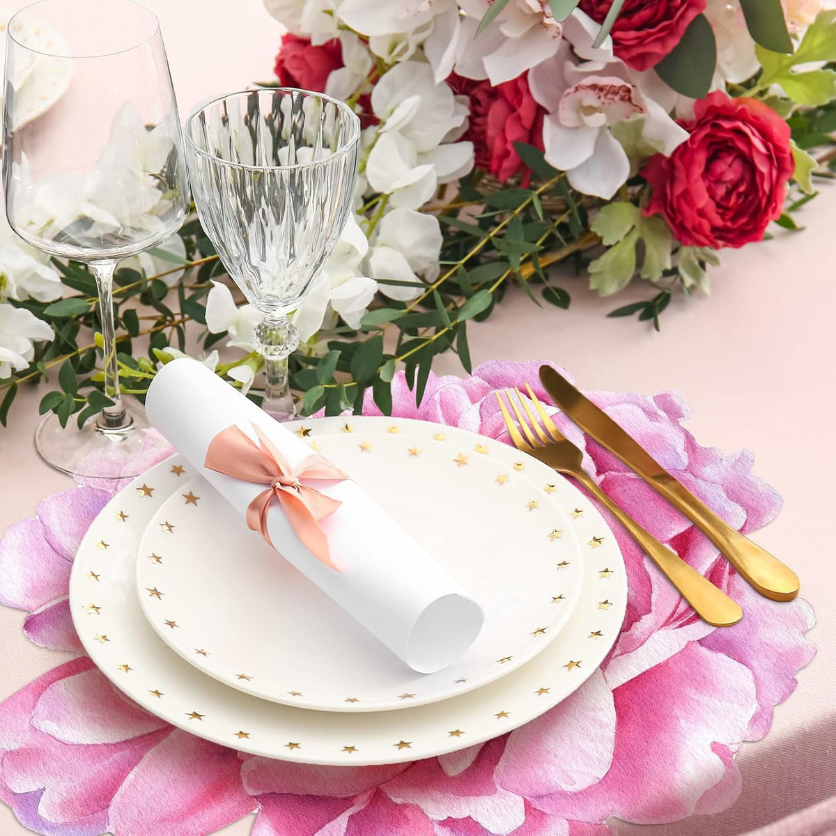 100 Pcs Peony Placemats Pink Floral Disposable Paper Place Mat Bulk