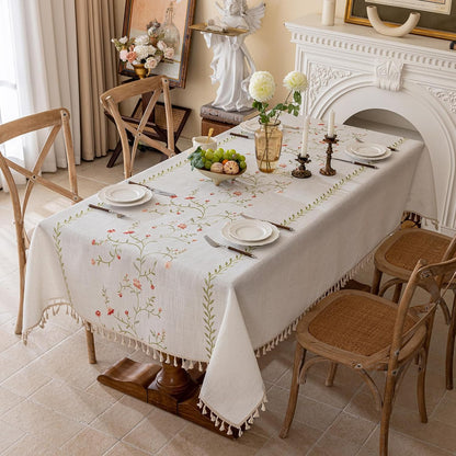 Linen Spring Flowers Tablecloth with Tassels, Rustic Farmhouse Embroidery Waterproof Table Cloths for Rectangle Tables, Heavy Weight Spill-Proof Table Covers, Pink Florals, 55''x 120''