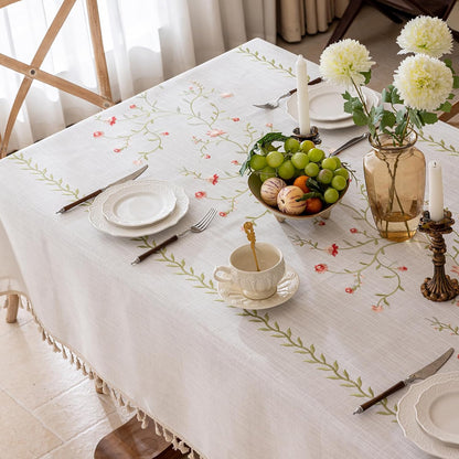 Linen Spring Flowers Tablecloth with Tassels, Rustic Farmhouse Embroidery Waterproof Table Cloths for Rectangle Tables, Heavy Weight Spill-Proof Table Covers, Pink Florals, 55''x 120''