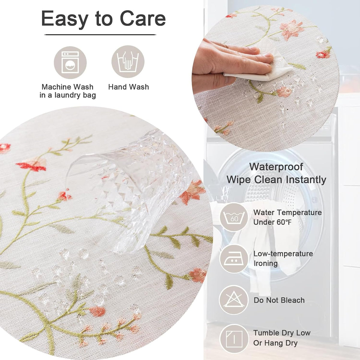 Linen Spring Flowers Tablecloth with Tassels, Rustic Farmhouse Embroidery Waterproof Table Cloths for Rectangle Tables, Heavy Weight Spill-Proof Table Covers, Pink Florals, 55''x 120''