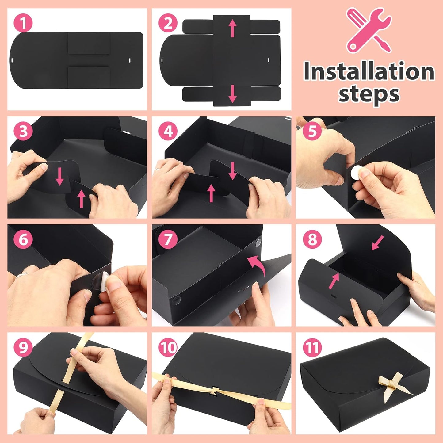 16Pcs Gift Boxes with Lids, 10.6''x7.8''x3.1'' Pink Kraft Paper Gift Box, Bridesmaid Proposal Box with Ribbon and 70pcs Adhesive Dots, for Wedding, Packaging, Present, Birthday, Cupcake Boxes