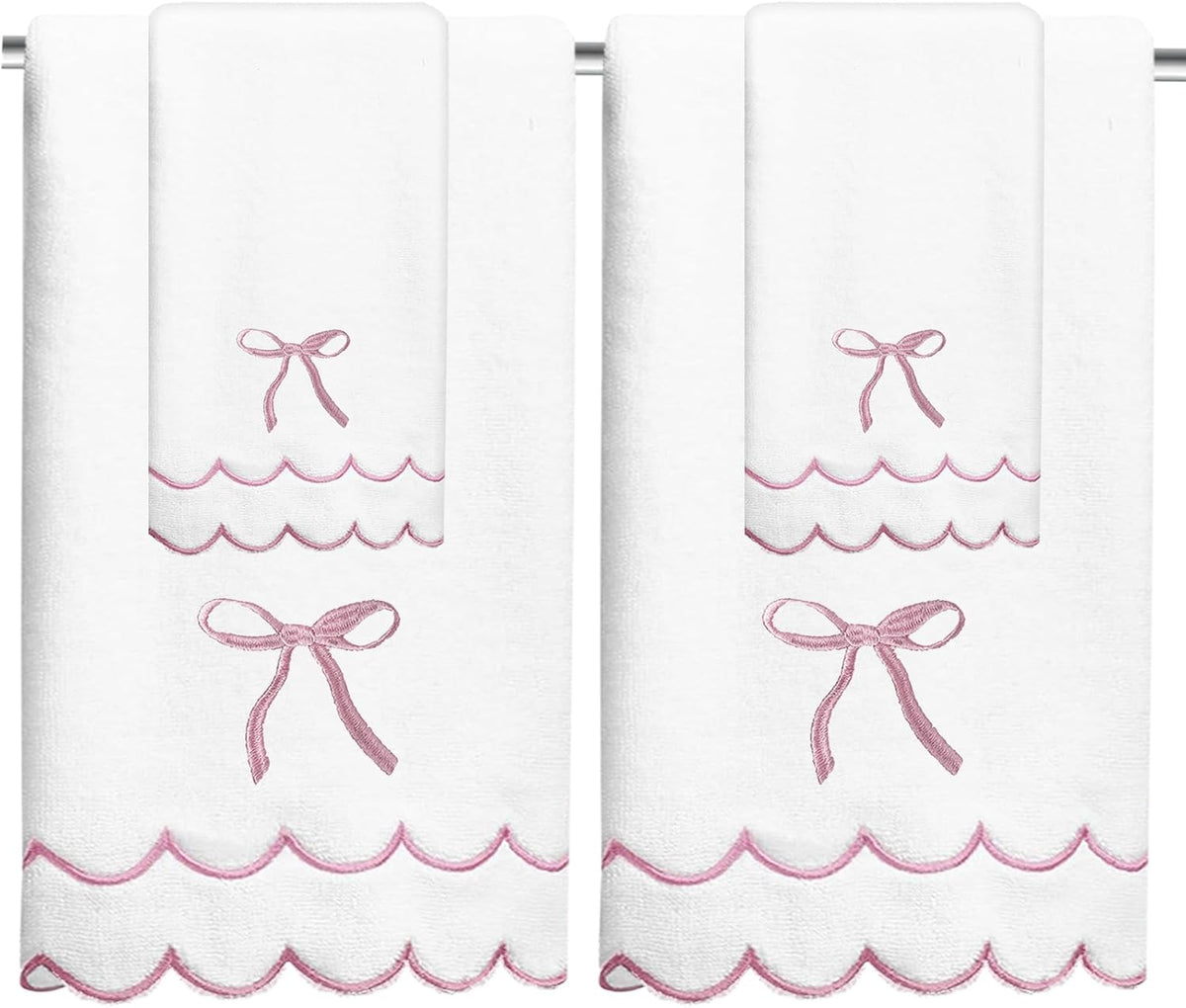 4 Pcs Scalloped Towels for Bathroom 100% Cotton 2 Bath Towels 2 Hand Towels Scallop Bathroom Towels Embroidered Dish Towel Decorative Soft Bath Towel for Kitchen (Bow Pink, 2*Bath+2*Hand towel)