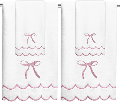 4 Pcs Scalloped Towels for Bathroom 100% Cotton 2 Bath Towels 2 Hand Towels Scallop Bathroom Towels Embroidered Dish Towel Decorative Soft Bath Towel for Kitchen (Bow Pink, 2*Bath+2*Hand towel)