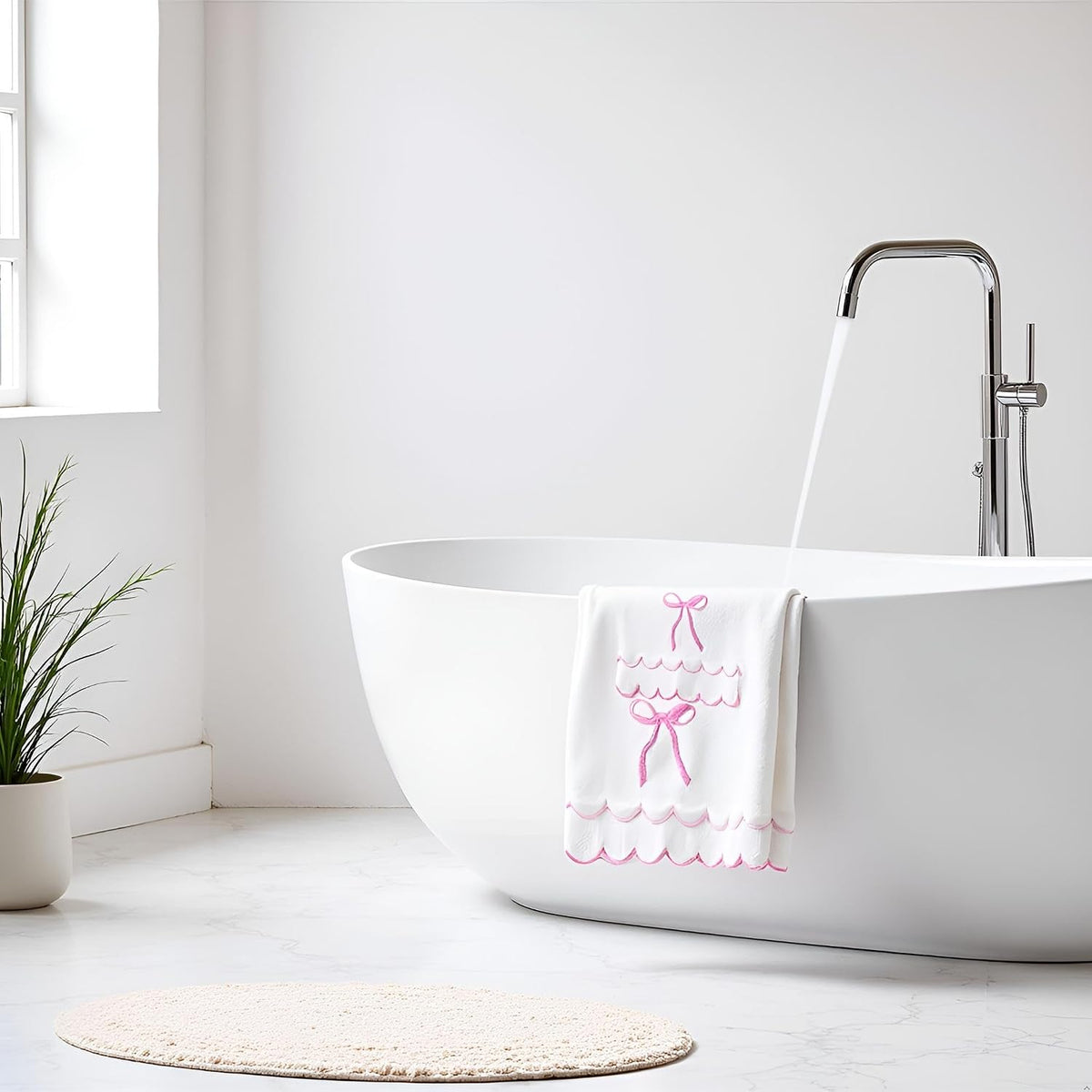 4 Pcs Scalloped Towels for Bathroom 100% Cotton 2 Bath Towels 2 Hand Towels Scallop Bathroom Towels Embroidered Dish Towel Decorative Soft Bath Towel for Kitchen (Bow Pink, 2*Bath+2*Hand towel)