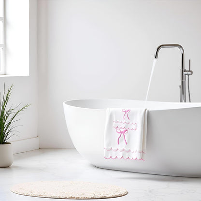 4 Pcs Scalloped Towels for Bathroom 100% Cotton 2 Bath Towels 2 Hand Towels Scallop Bathroom Towels Embroidered Dish Towel Decorative Soft Bath Towel for Kitchen (Bow Pink, 2*Bath+2*Hand towel)