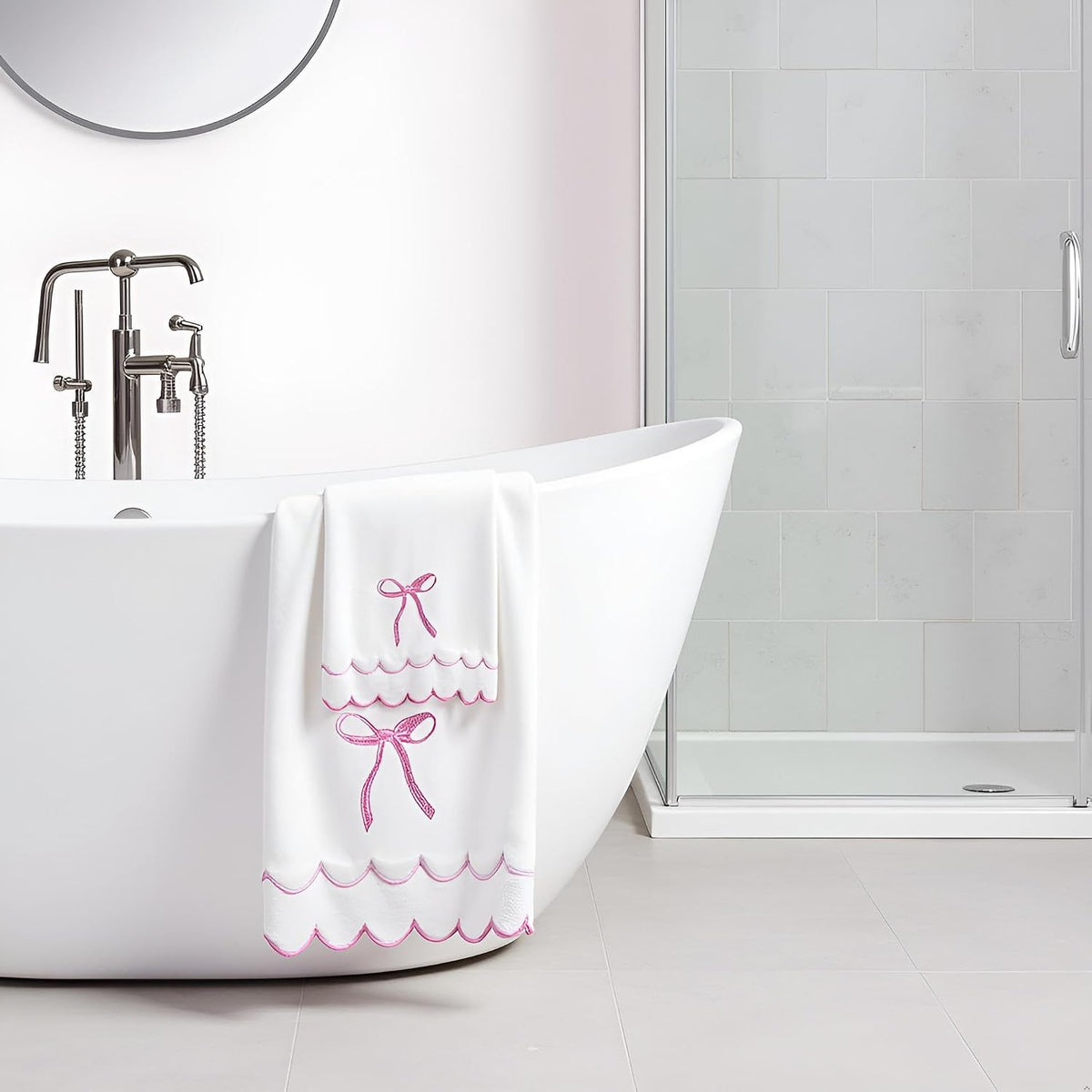 4 Pcs Scalloped Towels for Bathroom 100% Cotton 2 Bath Towels 2 Hand Towels Scallop Bathroom Towels Embroidered Dish Towel Decorative Soft Bath Towel for Kitchen (Bow Pink, 2*Bath+2*Hand towel)