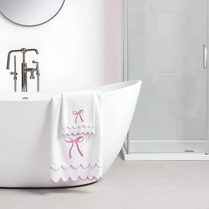 4 Pcs Scalloped Towels for Bathroom 100% Cotton 2 Bath Towels 2 Hand Towels Scallop Bathroom Towels Embroidered Dish Towel Decorative Soft Bath Towel for Kitchen (Bow Pink, 2*Bath+2*Hand towel)