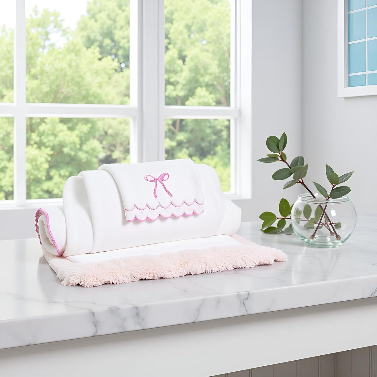 4 Pcs Scalloped Towels for Bathroom 100% Cotton 2 Bath Towels 2 Hand Towels Scallop Bathroom Towels Embroidered Dish Towel Decorative Soft Bath Towel for Kitchen (Bow Pink, 2*Bath+2*Hand towel)